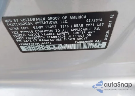 2013 Volkswagen Passat 2.5L Se from USA, damaged, VIN 1VWBP7A37DC103651